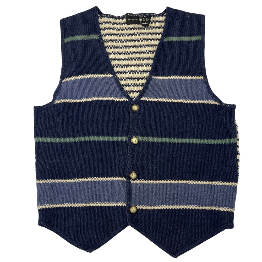 Vintage Mens Knitted Button Up Vest Sz M Pointed Hem Striped Cotton Blend Grunge